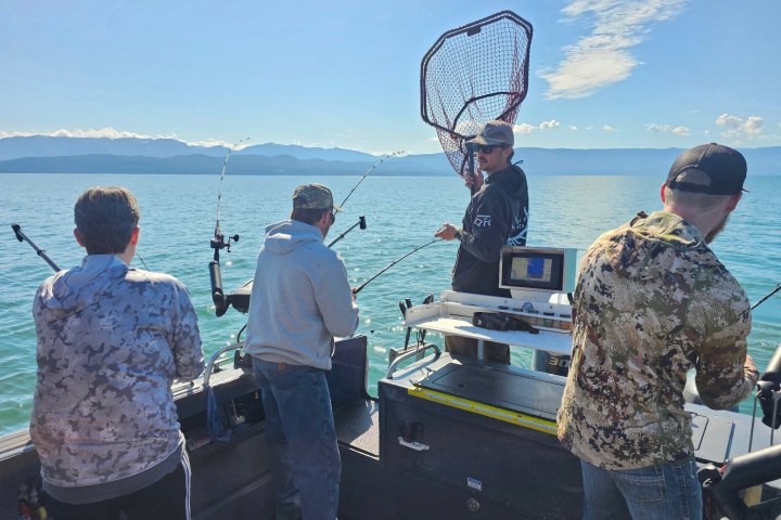 Four people fishing on a boat, one holding a large net, calm lake and mountains in the background.