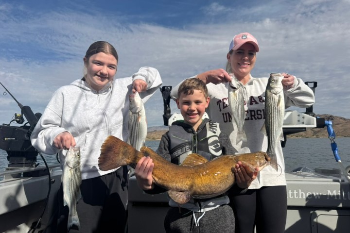Three people on a boat holding fish they caught, smiling at the camera.
