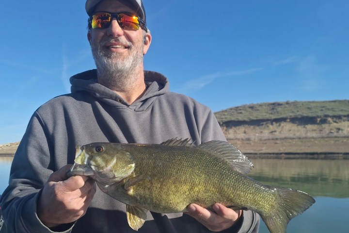 Man holding a fish at a lake, wearing a cap and sunglasses.