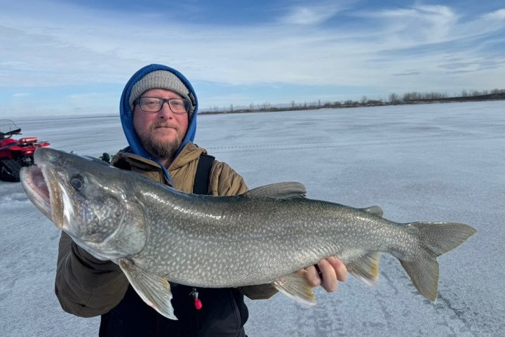 Person holding a large fish on an icy landscape with a cloudy sky.